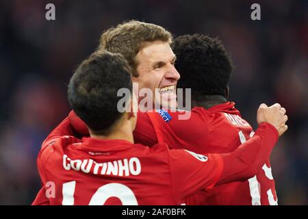 Monaco di Baviera, Germania. Undicesimo Dec, 2019. Champions League, Munich-Tottenham, Monaco di Baviera Dec 11, 2019. Thomas MUELLER, Müller, FCB 25 celebra il suo obiettivo, felice, ridere, celebrazione, 2-1 FC Bayern Munich - Tottenham Hotspur Calcio UEFA Champions League, Monaco di Baviera, Dicembre 11, 2019, STAGIONE 2019/2020, fase di gruppo, gruppo B, FCB, Baviera München Credito: Peter Schatz/Alamy Live News Foto Stock