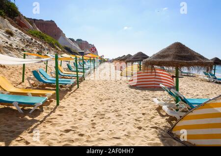 Lettini e ombrelloni sulla spiaggia di Falesia, Algarve, PORTOGALLO Foto Stock