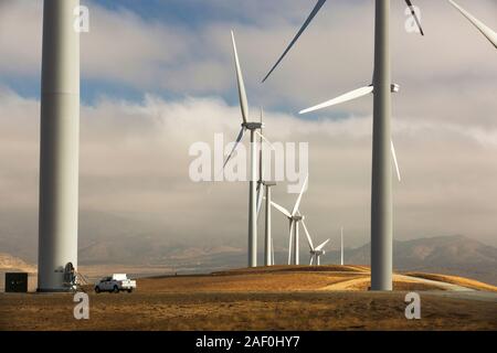 Parte del Tehachapi Pass wind farm, il primo grande scala wind farm area sviluppata negli Stati Uniti, California, Stati Uniti d'America. Foto Stock