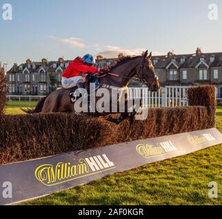 Jockey James migliori sul Defi Sacre sul loro modo di vincere la Presentazione Racing TV Handicap Chase - 9 dicembre 2019, Musselburgh Racecourse. Foto Stock