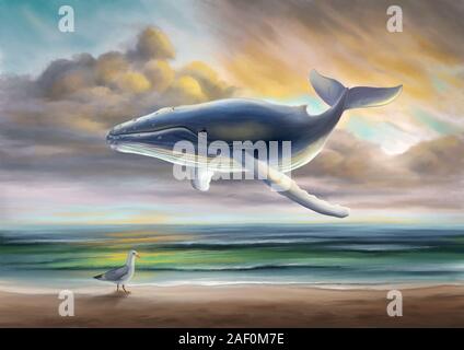 Whale fluttua sopra il mare al tramonto. La pittura digitale. Foto Stock