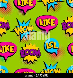 La Pop Art seamless pattern testo fumetto wow lol Illustrazione Vettoriale