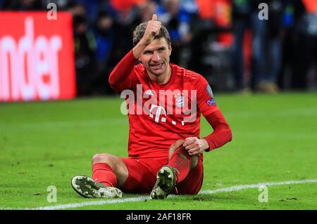 Monaco di Baviera, Germania. Undicesimo Dec, 2019. Thomas Mueller del Bayern Monaco di Baviera reagisce durante la UEFA Champions League Group B match tra FC Bayern Monaco di Germania e Tottenham Hotspur FC di Inghilterra a Monaco di Baviera, in Germania, a Dic. 11, 2019. Credito: Philippe Ruiz/Xinhua/Alamy Live News Foto Stock