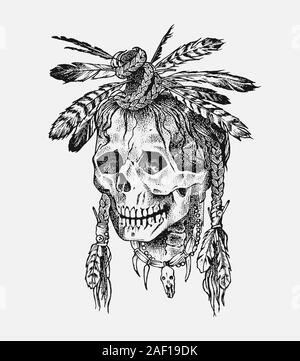 Cranio umano. Dead Native American Indian con piume in stile vintage. Retrò vecchia scuola di disegno per il tatuaggio. Monocromatico disegnati a mano retrò inciso Illustrazione Vettoriale