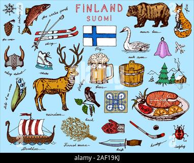 Simboli della Finlandia in stile vintage. Doodle sketch con segni tradizionali. Cultura scandinava, intrattenimento nazionale in un paese europeo. Animali Illustrazione Vettoriale