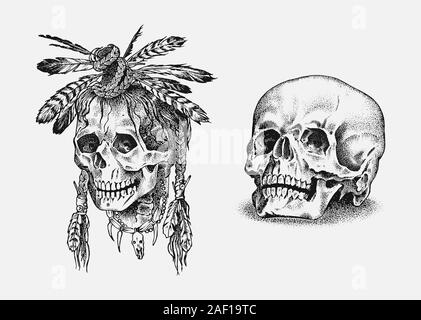 Cranio umano. Dead Native American Indian con piume in stile vintage. Retrò vecchia scuola di disegno per il tatuaggio. Monocromatico disegnati a mano retrò inciso Illustrazione Vettoriale