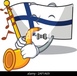 Cena cool bandiera della Finlandia personaggio dei fumetti prestazioni con tromba. Illustrazione Vettoriale Illustrazione Vettoriale