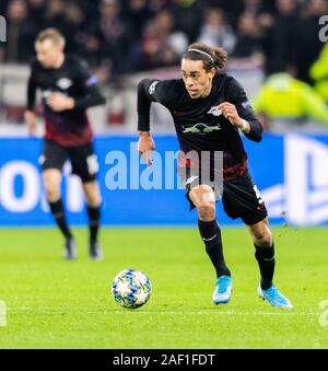 Il 10 dicembre 2019, France (Francia), Lione: Calcio: Champions League, Olympique Lyon - RB Leipzig, fase di gruppo, gruppo G, 6° giornata nel Groupama Stadium. Lipsia si è Yussuf Poulsen gioca la palla. Foto: Robert Michael/dpa-Zentralbild/dpa Foto Stock