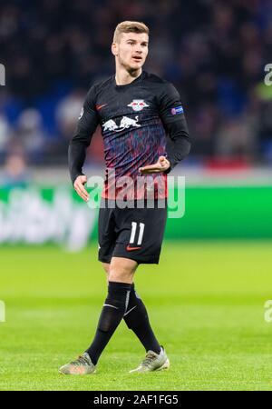 Il 10 dicembre 2019, France (Francia), Lione: Calcio: Champions League, Olympique Lyon - RB Leipzig, fase di gruppo, gruppo G, 6° giornata nel Groupama Stadium. Leipzig Timo Werner gestiukuliert. Foto: Robert Michael/dpa-Zentralbild/dpa Foto Stock