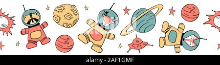 Seamless horisontal confine con simpatici animali nello spazio. Illustrazione Vettoriale. Illustrazione Vettoriale