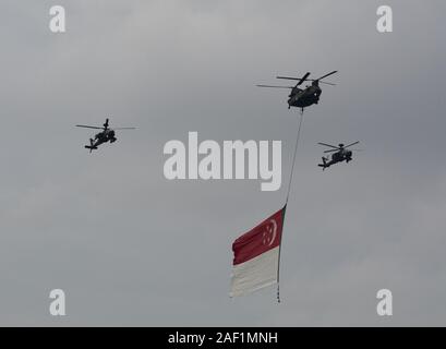 Singapore - Lug 4, 2015. Singapore Air Force (RSAF) jet fighter fly pass su Marina Bay Sands in Singapore National Day Parade (SG50) prove. Foto Stock