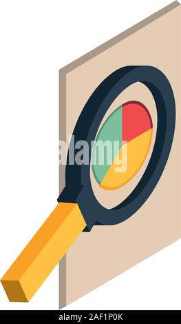 Documento con statistiche e grafici a torta lente di ingrandimento Illustrazione Vettoriale