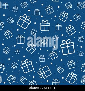 Confezioni regalo e neve. Vector seamless pattern. Blu classico colore alla moda. Sfondo minima per avvolgere carta Illustrazione Vettoriale