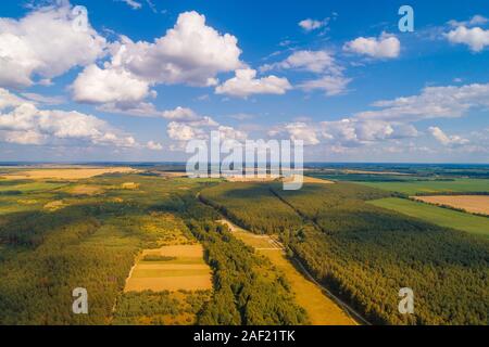 Il paesaggio rurale in una giornata di sole. Vista da sopra dei campi arabili e foresta Foto Stock