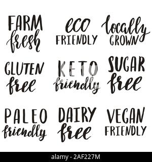 Spazzola moderno lettering. Alimenti biologici e naturali, fattoria fresco, coltivati localmente, senza glutine, vegan, cheto-friendly. Illustrazione Vettoriale