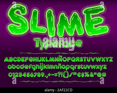 Incandescente verde tossico slime font. Lettere di halloween illustrazione. Alfabeto di vettore con numeri e glifi. Illustrazione Vettoriale