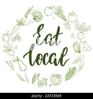 Modello con scritte a mano il testo mangiare locale e doodle stile disegnato a mano la frutta e la verdura Illustrazione Vettoriale