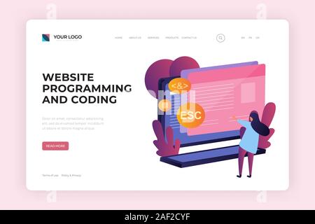 Programmazione di Web site e la codifica della pagina di atterraggio design. Il debug, bug, il processo di sviluppo. Femmina programmatore freelance cercando il codice sorgente di soft Foto Stock