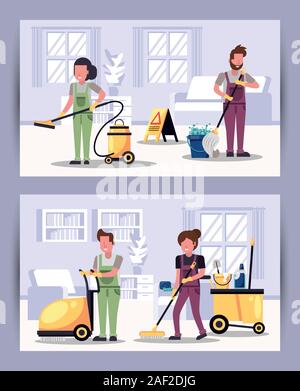 Team di collaboratori housekepping con attrezzatura Illustrazione Vettoriale