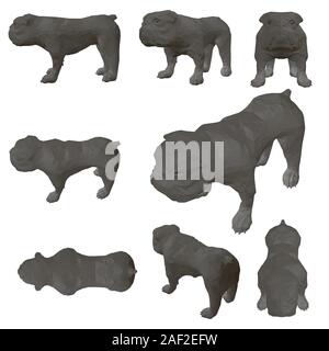 Impostare con il bulldog poligonale con vista diversa. Bulldog nero isolato su uno sfondo bianco. 3D. Illustrazione Vettoriale. Illustrazione Vettoriale