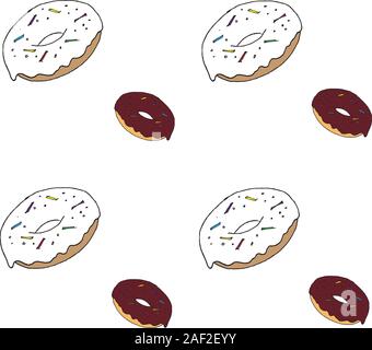 Cremosa e ciambelle ciambelle al cioccolato su uno sfondo bianco, disegnati a mano, sfondo vettoriale per la progettazione dello sfondo Illustrazione Vettoriale