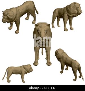 Impostare con lion poligonale isolato su uno sfondo bianco. Lion da diversi punti di vista. 3D. Illustrazione Vettoriale. Illustrazione Vettoriale