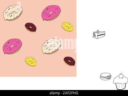 Ciambelle colorate su un sfondo di pesche, disegnati a mano, sfondo vettoriale per la progettazione dello sfondo Illustrazione Vettoriale