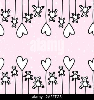 Carino kids rosa seamless pattern con connettori lollipop orsi e cuori in doodle style.vettore Illustrazione Vettoriale