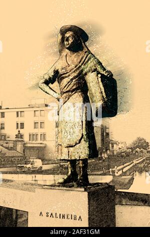 Migliorate digitalmente immagine di una statua in bronzo di una femmina di sale (lavoratore Salineira) affacciato sul canal, Aveiro, Portogallo Foto Stock
