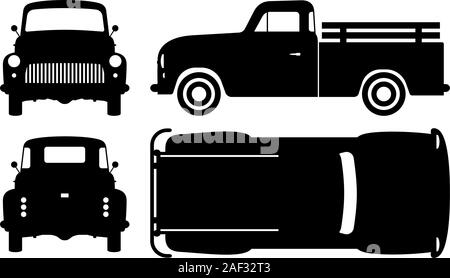 Vintage pickup truck silhouette su sfondo bianco. Icone del veicolo imposta vista dal lato anteriore, posteriore e superiore Illustrazione Vettoriale