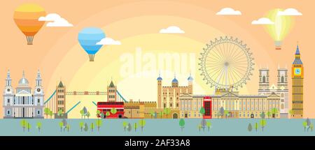 Colorata illustrazione vettoriale dei punti di riferimento di Londra. Skyline della città di vettore illustrazione isolato. Vettore sfondo di Londra con sunrise e pallone aerostatico. V Illustrazione Vettoriale