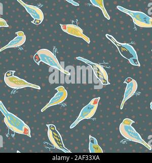 Carino vintage vettore seamless pattern di uccelli. Tutta la stampa con seduta bird, tutta la stampa, retro hipster ventilatori vintage, puntini blu sullo sfondo. Ideale per la stampa di tessuti e carta da parati. Illustrazione Vettoriale