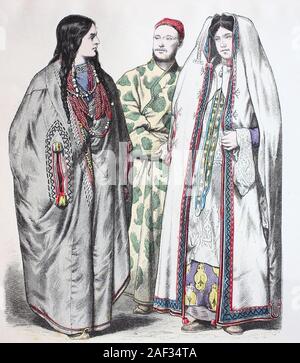 Il costume nazionale, vestiti, la storia del costume, Sartische per uomo e donna da Turkestan sul confine cinese, nel 1880, Volkstracht, Kleidung, Geschichte der Kostüme, Sartische Frauen und Mann aus Turkestan an der chinesischen Grenze, 1880 Foto Stock