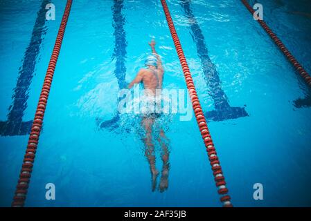 Montare il nuotatore formazione in piscina. Professional nuotatore all'interno piscina. Foto Stock