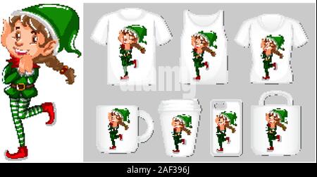 Tema Natale con natale elf su molti prodotti illustrazione Illustrazione Vettoriale