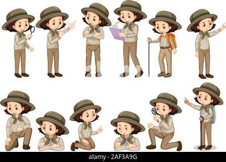 Ragazza in safari outfit facendo diverse pose illustrazione Illustrazione Vettoriale