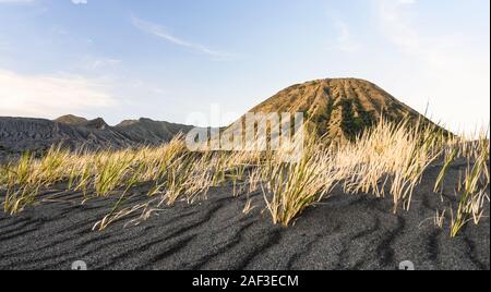 (Fuoco selettivo) vista mozzafiato del Monte Batok e il Monte Bromo accesa durante una bellissima alba. Foto Stock