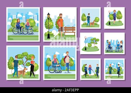 Bundle di persone disabili con scene del parco Illustrazione Vettoriale