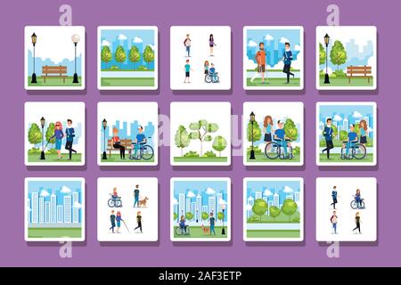Bundle di persone disabili con scene del parco Illustrazione Vettoriale