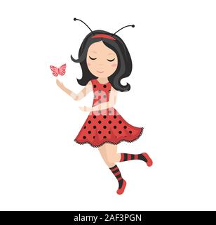 Carino bambina ladybug icona nel piatto, stile cartoon. Baby costume di carnevale bee. Isolato su sfondo bianco. Illustrazione Vettoriale Illustrazione Vettoriale