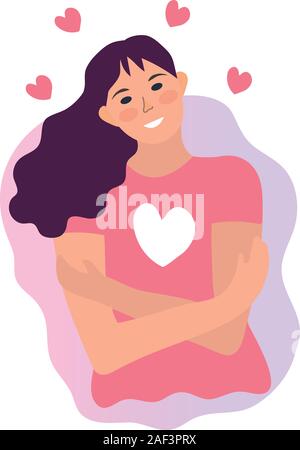 Amore di te, ragazza abbracci se stessa. Narcisisti, sicura di sé persone, aumentare autostima. La salute e la cura del corpo, concetto positivo. Illustrazione Vettoriale Illustrazione Vettoriale