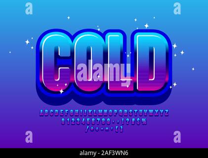 Emblema lucida freddo con il carattere blu. Alfabeto moderno lettere, numeri e simboli Illustrazione Vettoriale