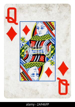 Regina dei diamanti Vintage carta da gioco isolato su bianco (percorso di clipping incluso) Foto Stock