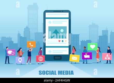 Vettore di diverse persone soccial la condivisione di contenuti multimediali utilizzando diverse applicazioni Illustrazione Vettoriale