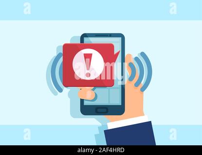 Vettore di una mano che tiene uno smartphone con una notifica di malware Illustrazione Vettoriale