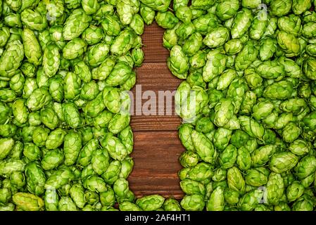 Coni di luppolo formata come una forma di bottiglia di birra su sfondo di legno. Concetto di birra. Gli ingredienti naturali del processo di birreria. Foto Stock