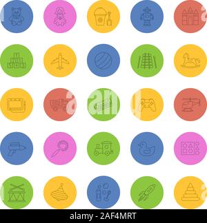 Giocattoli per bambini lineare set di icone. Giochi didattici. Intrattenimento per bambini. Linea sottile contorno simboli sui cerchi di colore. Illustrazioni vettoriali Illustrazione Vettoriale