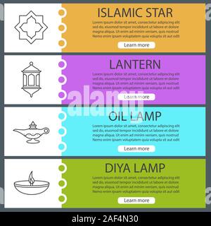 La cultura islamica modelli di banner per il web set. Stella musulmana, lanterna, lampade ad olio. Sito web di voci di menu con icone lineare. Le intestazioni del vettore i concetti di progettazione Illustrazione Vettoriale