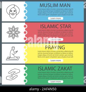 La cultura islamica modelli di banner per il web set. Uomo musulmano, stella islamica, orante, zakat. Sito web di voci di menu con icone lineare. Vettore design intestazioni Illustrazione Vettoriale