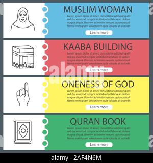 La cultura islamica modelli di banner per il web set. Donna musulmana, dio gesto, kaaba, Corano libro. Sito web di voci di menu con icone lineare. Le intestazioni del vettore design co Illustrazione Vettoriale